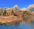 Colorful view of Strbske Pleso and ski jump Royalty Free Stock Photo