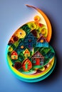 Colorful village in the style of quilling