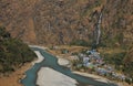 Colorful village Tal, waterfall and Marsyangdi river Royalty Free Stock Photo