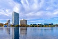 Colorful vintage fountain , business buildings and autumn trees at Lake Eola Park in Orlando Downtown area 4 Royalty Free Stock Photo