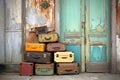 colorful vintage luggage stacked by a weathered door