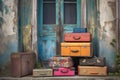 colorful vintage luggage stacked by a weathered door