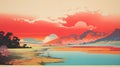 Colorful Vintage Poster Design: Red Sky And Landscape Painting Royalty Free Stock Photo