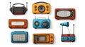 Colorful vintage radios and television on a white isolated background Royalty Free Stock Photo