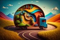 Colorful vision of a delivery truck carrying packages through a winding road in the countryside