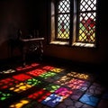 Colorful vitrage, stained glass pattern on floor inside house, old colorful windows