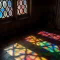 Colorful vitrage, stained glass pattern on floor inside house, old colorful windows. Sunny rays indoors