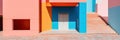 Colorful vivid building with door and stairs on sunny day. Summer minimalist architecture background. Created with generative Ai
