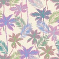 Colorful vivid palm tree, leaf silhouettes, outlines seamless pattern
