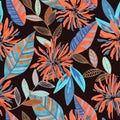 Colorful vivid psychedelic pattern with abstract tropical flowers for fabric, wrapping paper. Vector illustration