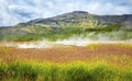 Colorful volcanic geyser landscape at Haukadalur geothermal area in Iceland