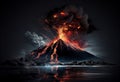 Colorful volcano eruption at night. AI Generated