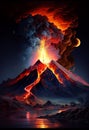 Colorful volcano eruption at night. AI Generated