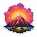 Colorful Volcano Sticker With Palm Trees At Sunset