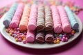 Colorful wafer roll chocolates, close up on a whimsical pink background