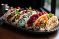 Colorful waffle tacos with vibrant fruits and creamy ice cream