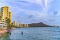 Colorful Waikiki Beach Surfers Swimmers Evening Diamond Head Honolulu Hawaii Royalty Free Stock Photo