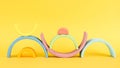 Colorful Waldorf wooden rainbow on yellow background, montessori teaching pedagogy