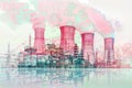 A colorful wallpaper with a bright nuclear plant set against city lights, generative ai