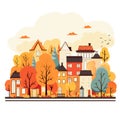 Colorful warm autumn cityscape banner, different yellow, red and orange trees. Cartoon style Royalty Free Stock Photo