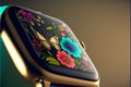 a colorful watch with a butterfly on it\'s face and a flower design on the front of the watch face, with a gold band and