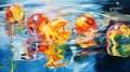 Colorful water balls dropping into a clear pool, creating captivating