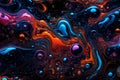 Colorful water bubbles in an abstract background with a dark, glowing liquid. Various hues of bubbles flowing dynamically, Royalty Free Stock Photo