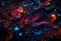 Colorful water bubbles flowing through a dark, glowing liquid. Abstract background featuring a dynamic mix of bubbles in various Royalty Free Stock Photo