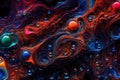 Colorful water bubbles flowing through a dark, glowing liquid. Abstract background featuring a dynamic mix of bubbles in various Royalty Free Stock Photo