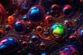 Colorful water bubbles flowing through a dark, glowing liquid. Abstract background featuring a dynamic mix of bubbles in various Royalty Free Stock Photo