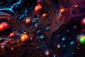 Colorful water bubbles flowing through a dark, glowing liquid. Abstract background featuring a dynamic mix of bubbles in various Royalty Free Stock Photo