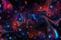 Colorful water bubbles flowing through a dark, glowing liquid. Abstract background featuring a dynamic mix of bubbles in various Royalty Free Stock Photo
