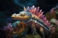 A colorful water dinosaur weaving its way through the coral with its tall frilled crest.. AI generation