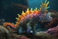 A colorful water dinosaur weaving its way through the coral with its tall frilled crest.. AI generation