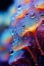 colorful water droplets on flower petal wallpaper background. The liquid spectrum of droplets in macro detail