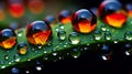 colorful water droplets on flower petal wallpaper background. The liquid spectrum of droplets in macro detail