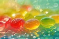 Colorful Water Drops on Vibrant Jelly Beans with Bokeh Background Royalty Free Stock Photo