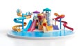 Colorful water park play structure with slides and pools, isolated on white