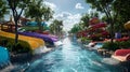 Colorful water park slides with glistening pool on sunny day. fun summer activity. perfect for family vacation Royalty Free Stock Photo