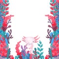 Colorful water plants and sea weed frame with cute axolotl