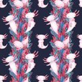 Colorful water plants and sea weed pattern with cute axolotl