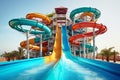 Colorful water slides in aqua park. Family-friendly attractions for summer fun and adventure