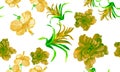 Colorful Watercolor Backdrop. Green Flower Palm. Yellow Seamless Palm. Autumn Pattern Jungle. Orange Tropical Wallpaper. Blue Isol Royalty Free Stock Photo