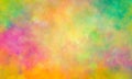 Colorful watercolor background of abstract sunset or Easter sunrise sky with puffy color splash clouds in bright painted colors of