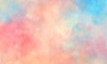 Colorful Watercolor Background Of Abstract Sunset Sky With Puffy Clouds In Bright Painted Colors Of Pink Blue And White