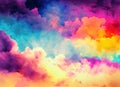 Colorful watercolor background of abstract sunset sky with puffy clouds in bright rainbow. Generative AI