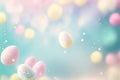 Colorful watercolor background with easter eggs of abstract sunset sky with puffy clouds in bright rainbow colors