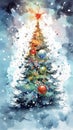 Colorful watercolor background illustration of a christmas tree for the of a christmas greetings card Royalty Free Stock Photo