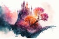 Colorful watercolor castle on the island. Generative AI