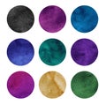 Colorful watercolor circles set. Blue, purple, green, pink, violet, orange, black watercolour circles on white background Royalty Free Stock Photo